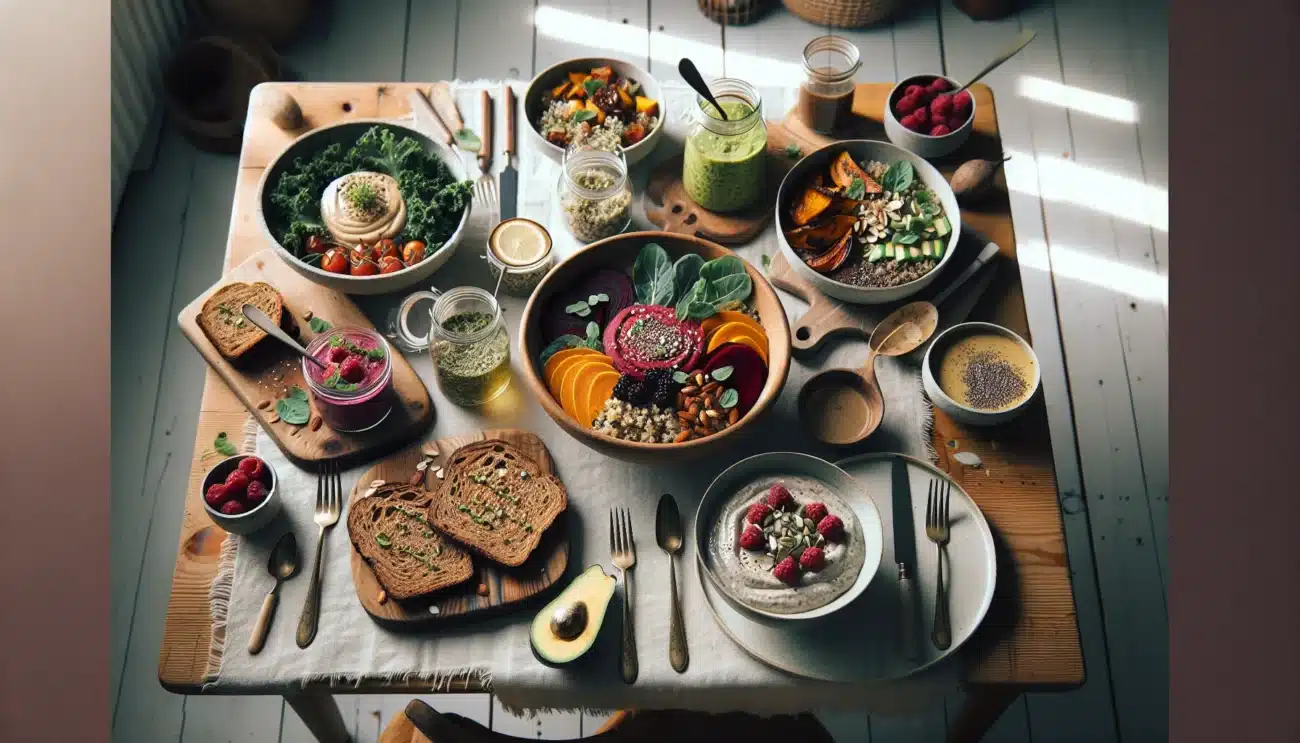 Colorful nordic vegan spread of fresh seasonal dishes on a sunlit table