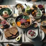 Colorful nordic vegan spread of fresh seasonal dishes on a sunlit table