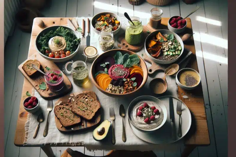 Colorful nordic vegan spread of fresh seasonal dishes on a sunlit table
