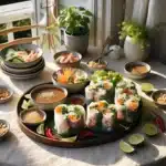 Fresh summer rolls with three dipping sauces on a sunlit norwegian table