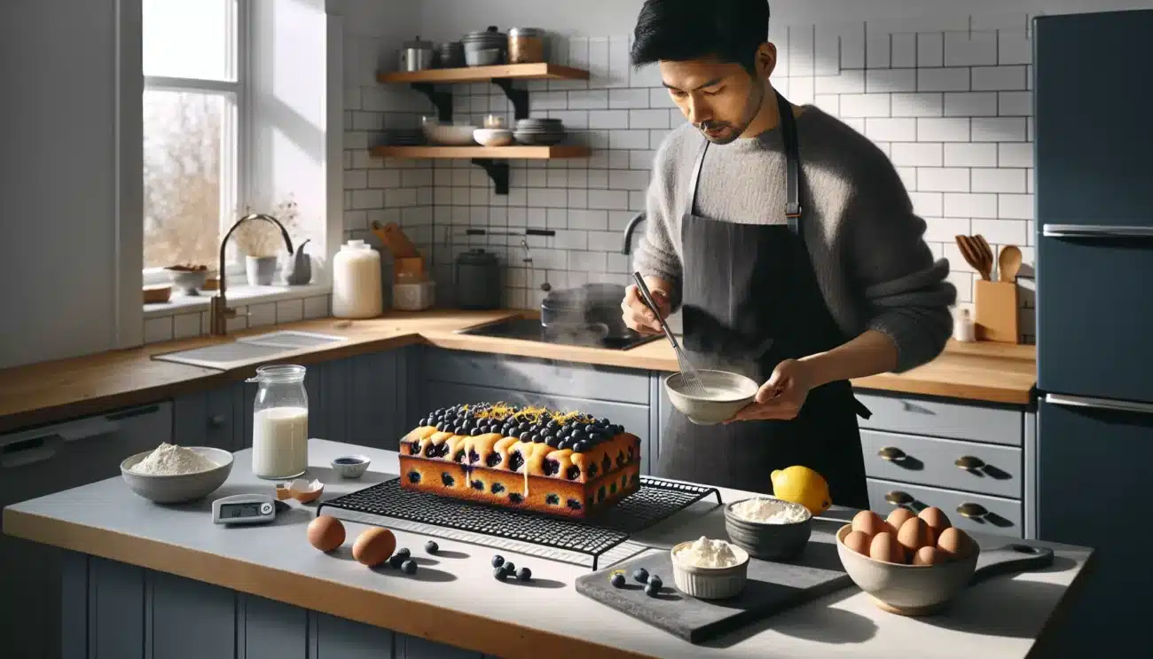 Hands brush syrup on moist lemon blueberry loaf with fresh berries
