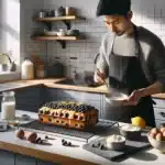 Hands brush syrup on moist lemon blueberry loaf with fresh berries