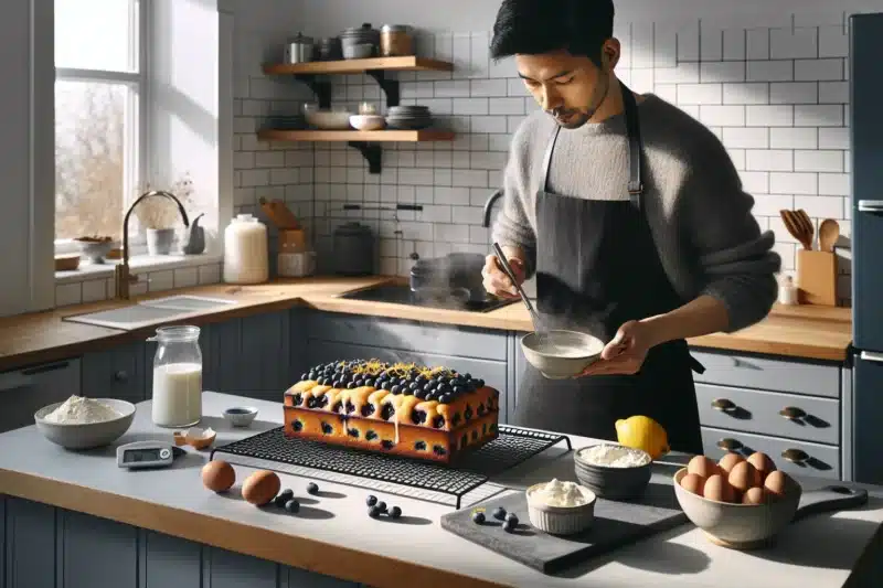 Hands brush syrup on moist lemon blueberry loaf with fresh berries