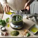 Hands pour olive oil into basil filled processor for quick homemade pesto