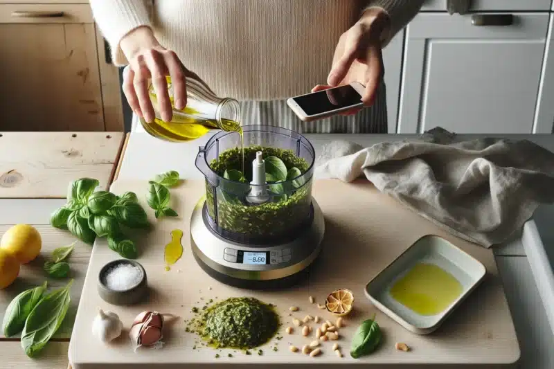 Hands pour olive oil into basil filled processor for quick homemade pesto