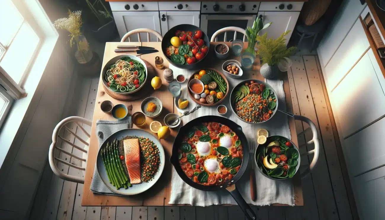 Healthy 30 minute norwegian dinner spread with salmon pasta tacos and salad