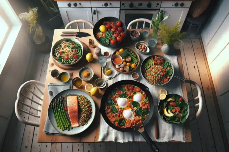 Healthy 30 minute norwegian dinner spread with salmon pasta tacos and salad