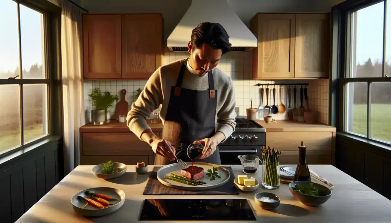 Home cook plating steak with sauce potato puree and seasonal vegetables