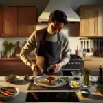 Home cook plating steak with sauce potato puree and seasonal vegetables