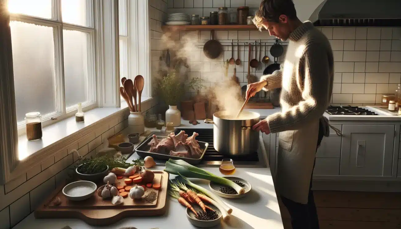 Home cook skimming a gently simmering stockpot with aromatics in a nordic kitchen