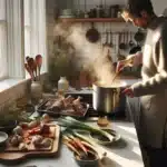 Home cook skimming a gently simmering stockpot with aromatics in a nordic kitchen