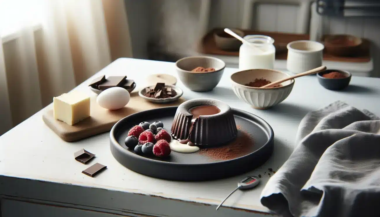 Molten chocolate fondant with berries and vanilla on nordic stoneware