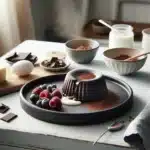 Molten chocolate fondant with berries and vanilla on nordic stoneware