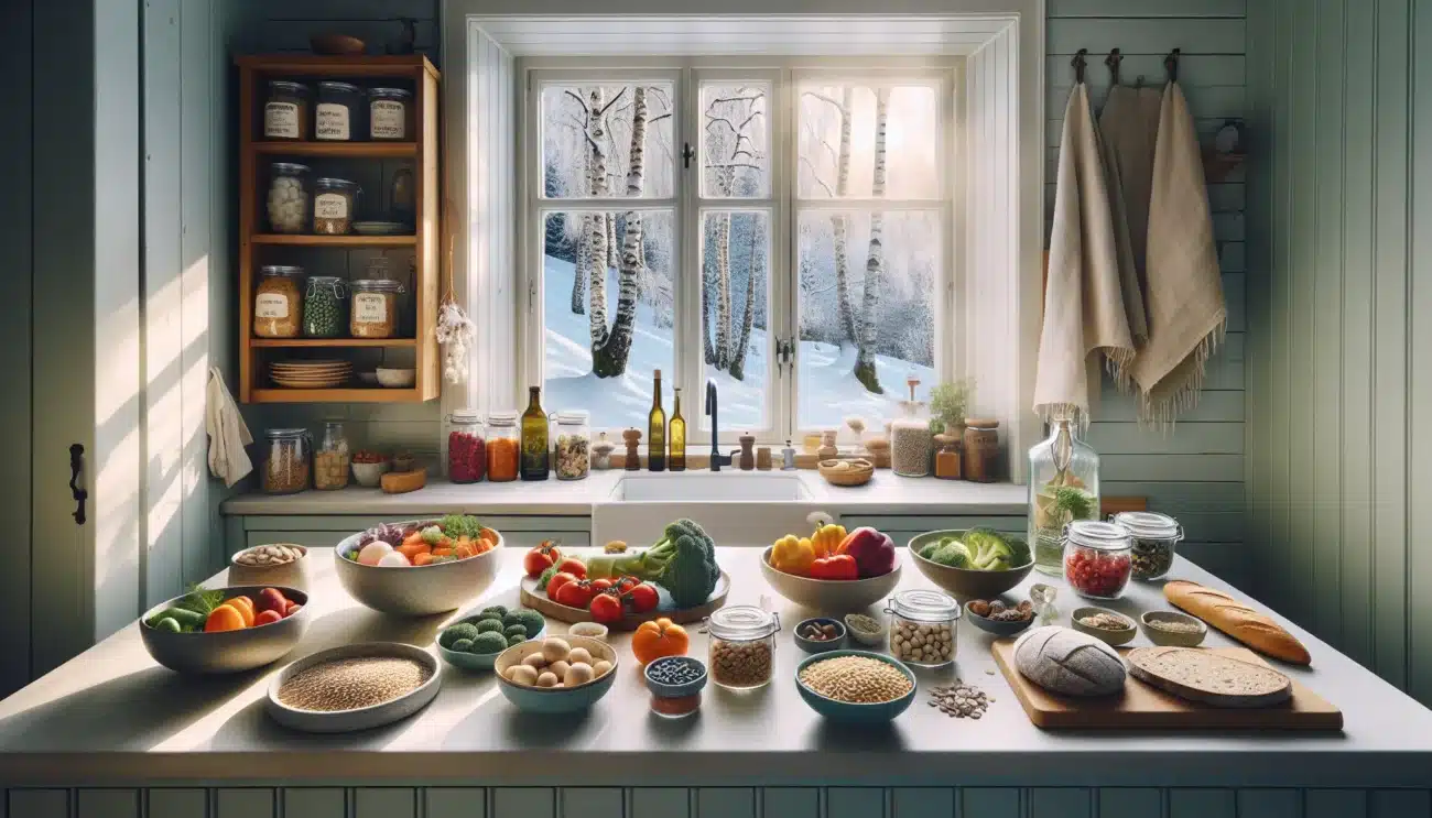 Nordic kitchen counter with healthy staples greens grains legumes fish