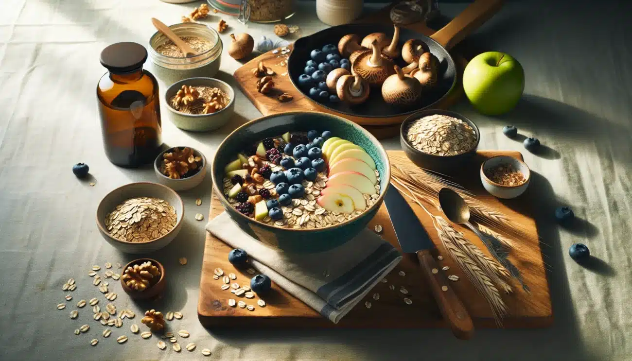 Nordic kitchen flat lay with oats barley mushrooms seaweed and yeast supplement