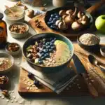 Nordic kitchen flat lay with oats barley mushrooms seaweed and yeast supplement