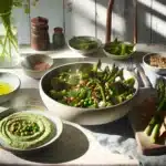 Nordic table with protein rich edamame peas asparagus and quinoa salad