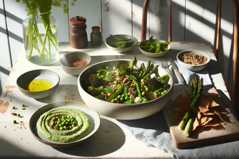 Nordic table with protein rich edamame peas asparagus and quinoa salad