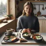 Norwegian adult checks cgm while eating a fiber rich low carb meal at home