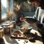 Norwegian breakfast oatmeal topped with assorted nuts and seeds in morning light