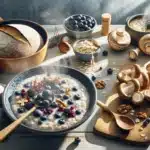 Norwegian breakfast with oat porridge and shiitake mushrooms in winter light