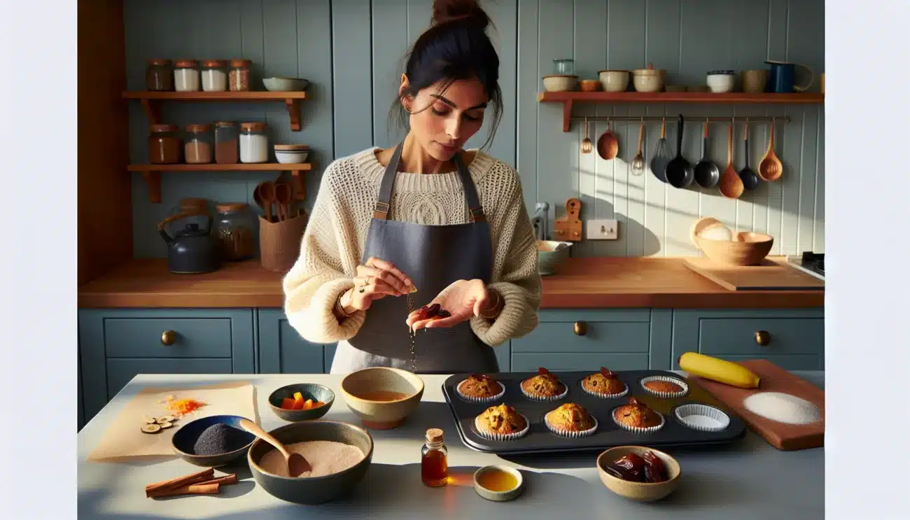 Norwegian home baker using sugar alternatives while finishing healthy carrot muffins