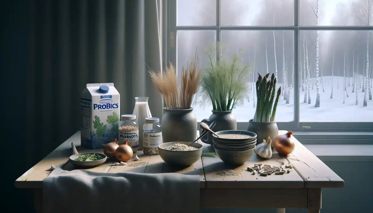 Norwegian kitchen still life contrasting probiotics and prebiotics at breakfast