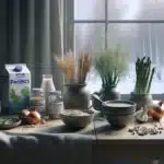 Norwegian kitchen still life contrasting probiotics and prebiotics at breakfast