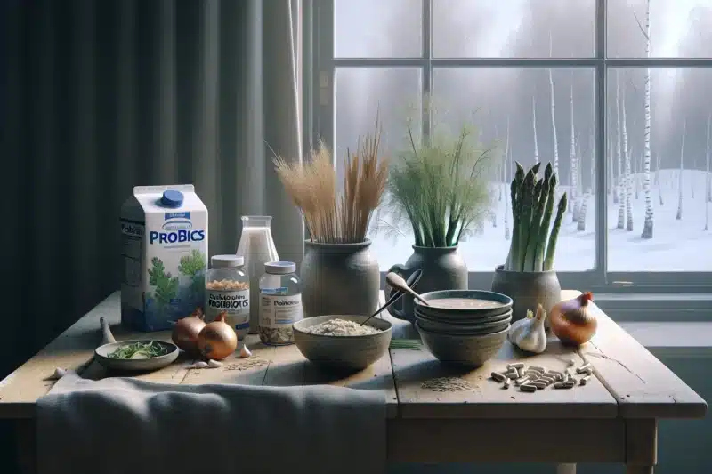 Norwegian kitchen still life contrasting probiotics and prebiotics at breakfast