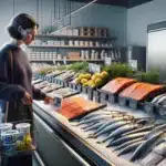 Norwegian shopper choosing between fresh salmon and frozen cod at seafood counter