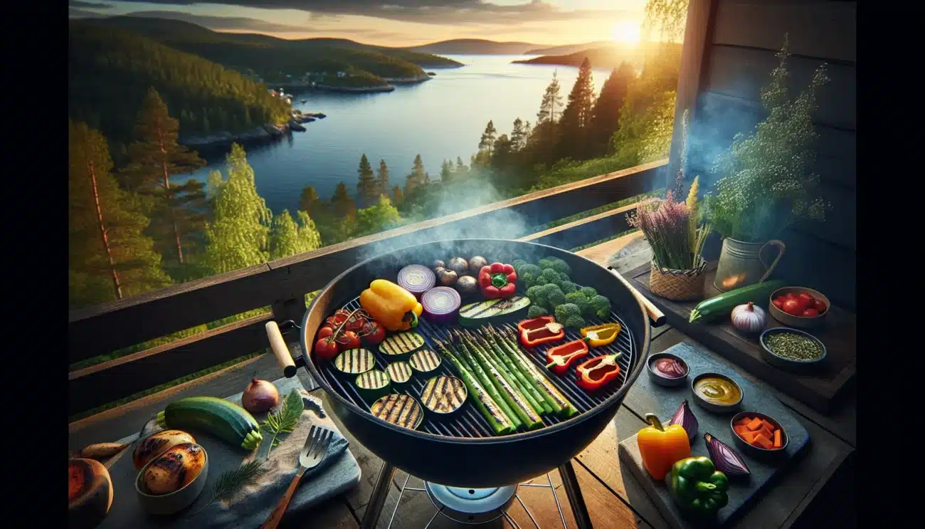 Norwegian summer grill with colorful vegetables and pro two zone setup at sunset
