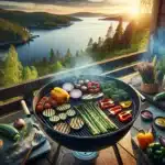 Norwegian summer grill with colorful vegetables and pro two zone setup at sunset