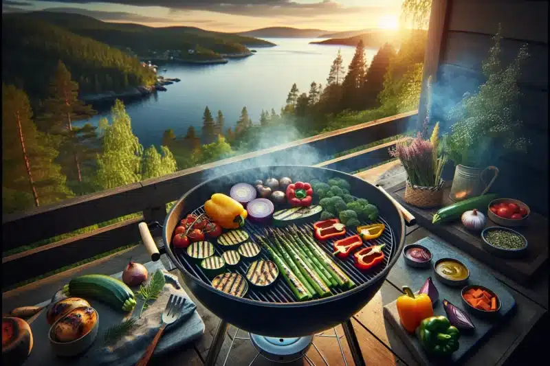 Norwegian summer grill with colorful vegetables and pro two zone setup at sunset
