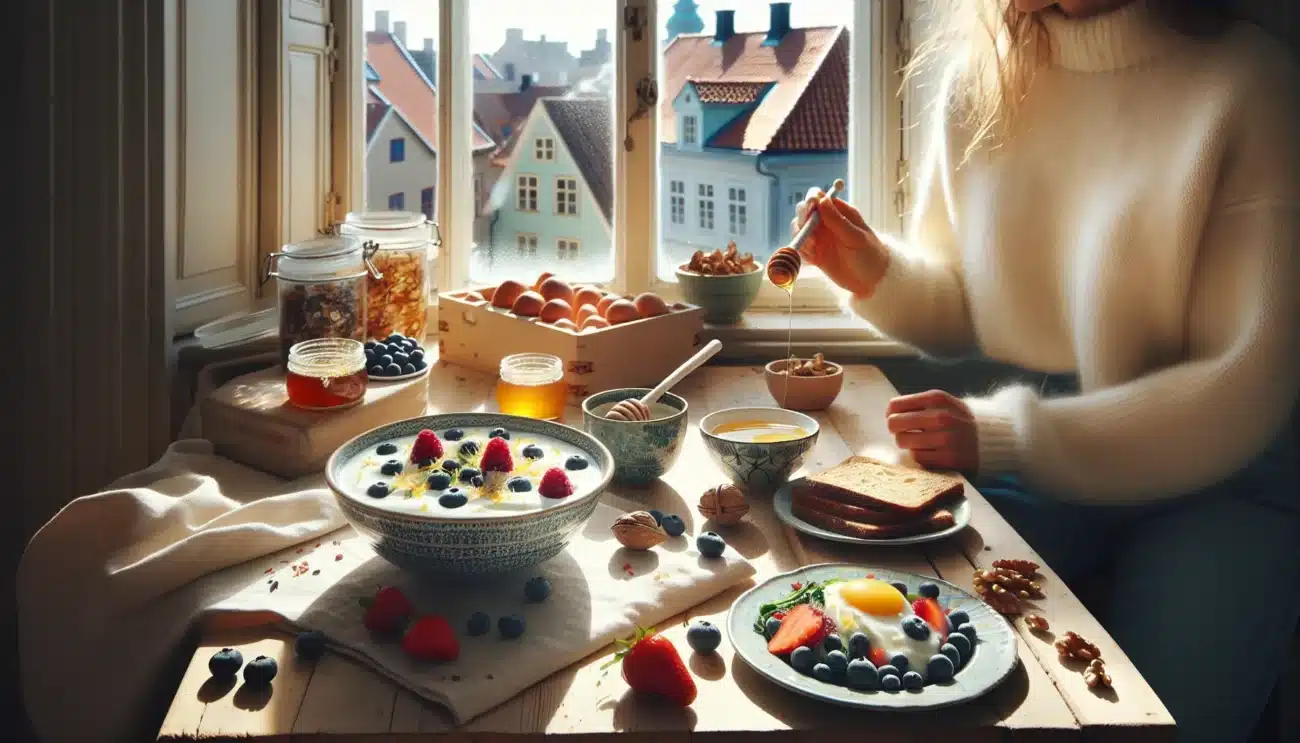 Protein rich norwegian breakfast with eggs skyr and fresh berries in morning light