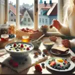 Protein rich norwegian breakfast with eggs skyr and fresh berries in morning light