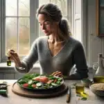 Woman drizzling olive oil on a balanced plate with salad salmon and barley