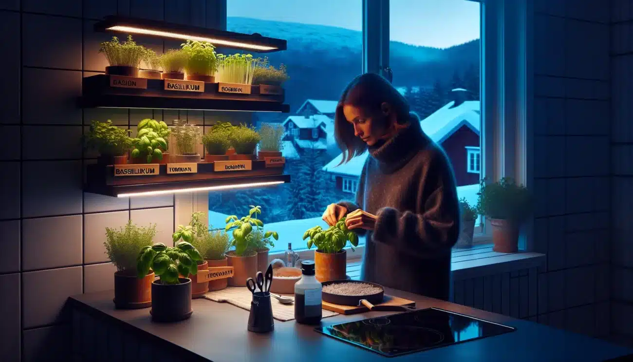 Woman harvesting basil under led grow lights in a cozy norwegian kitchen