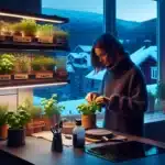 Woman harvesting basil under led grow lights in a cozy norwegian kitchen