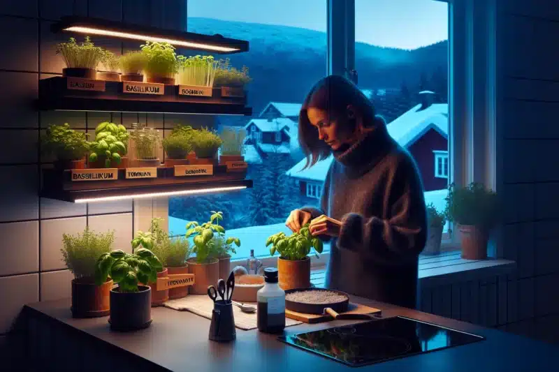 Woman harvesting basil under led grow lights in a cozy norwegian kitchen